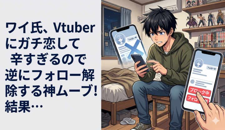 ワイ氏、Vtuberにガチ恋して辛すぎるので逆にフォロー解除する神ムーブ！結果…