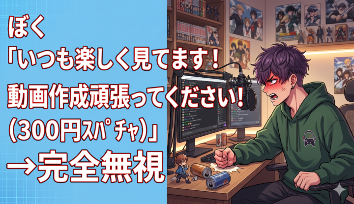 ぼく『いつも楽しく見てます！動画作成頑張ってください！(300円ｽﾊﾟﾁｬ)』→完全無視