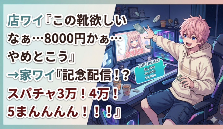 店ワイ『この靴欲しいなぁ…8000円かぁ…やめとこう』→家ワイ『記念配信！？スパチャ3万！4万！5まんんんんん！！！』
