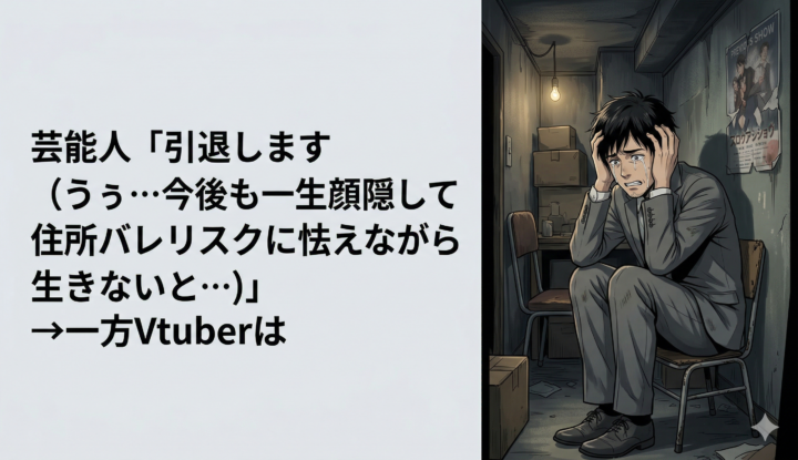 芸能人『引退します（うぅ…今後も一生顔隠して住所バレリスクに怯えながら生きないと…）』→一方でVtuberは…