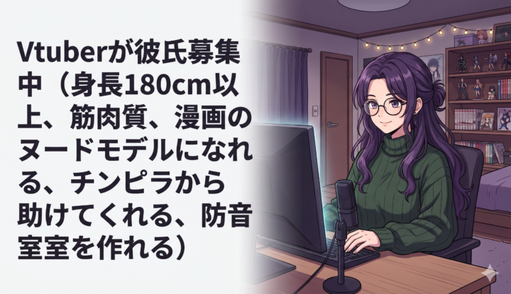 Vtuberが彼氏募集中（身長180cm以上、筋肉質、漫画のヌードモデルになれる、チンピラから助けてくれる、防音室を作れる）