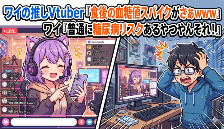 ワイの推しVtuber『食後の血糖値スパイクがさぁwww』 ワイ『普通に糖尿病リスクあるやつやんそれ！』←これ