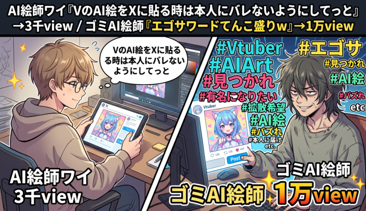 AI絵師ワイ『VTuberのAI絵をXに貼る時は本人にバレないようにしてっと…』→3千view　ゴミAI絵師『エゴサワードてんこ盛りw』→1万view