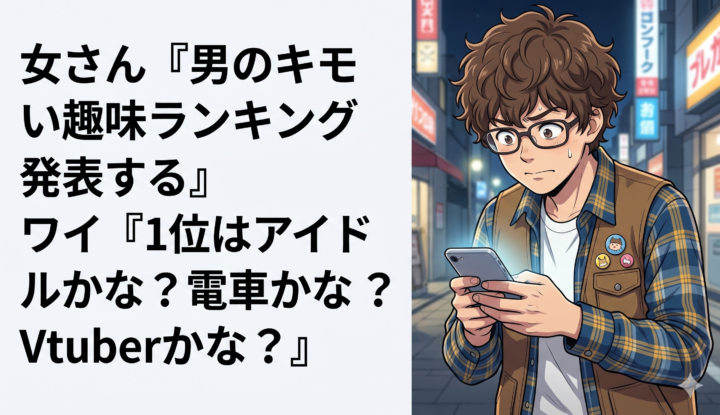 女さん『男のキモい趣味ランキング発表する』ワイ『1位はアイドルかな？電車かな？Vtuberかな？』