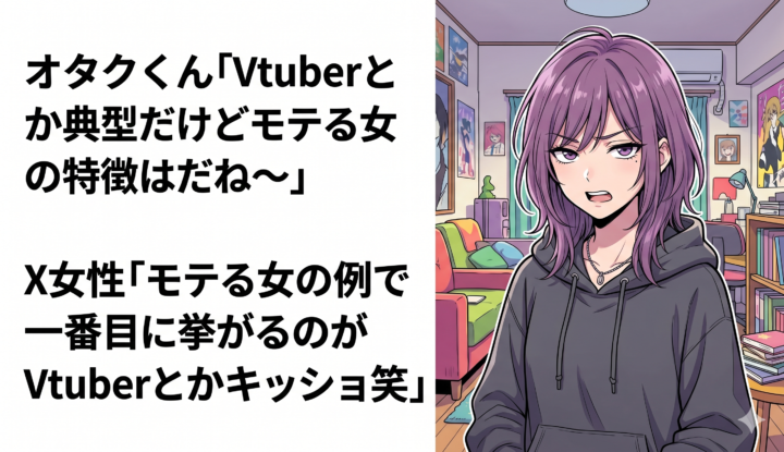 オタクくん「Vtuberとか典型だけどモテる女の特徴はだね～」 X女性「モテる女の例で一番目に挙がるのがVtuberとかキッショ笑」