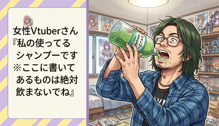 女性Vtuberさん『私の使ってるシャンプーです ※ここに書いてあるものは絶対飲まないでね』