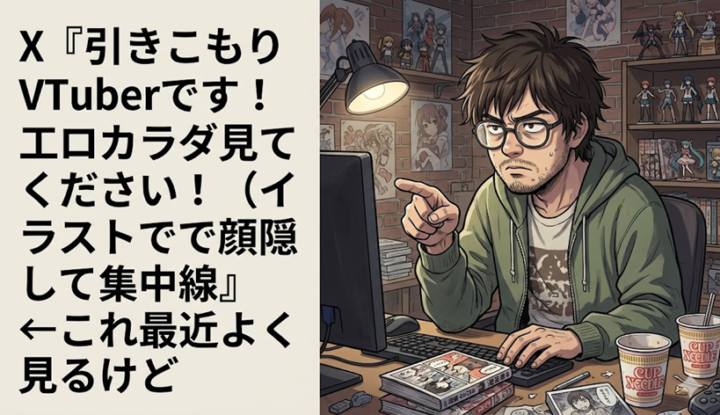 X『引きこもりVTuberです！工ロカラダ見てください！（イラストで顔隠して集中線）』←これ最近よく見るけど…